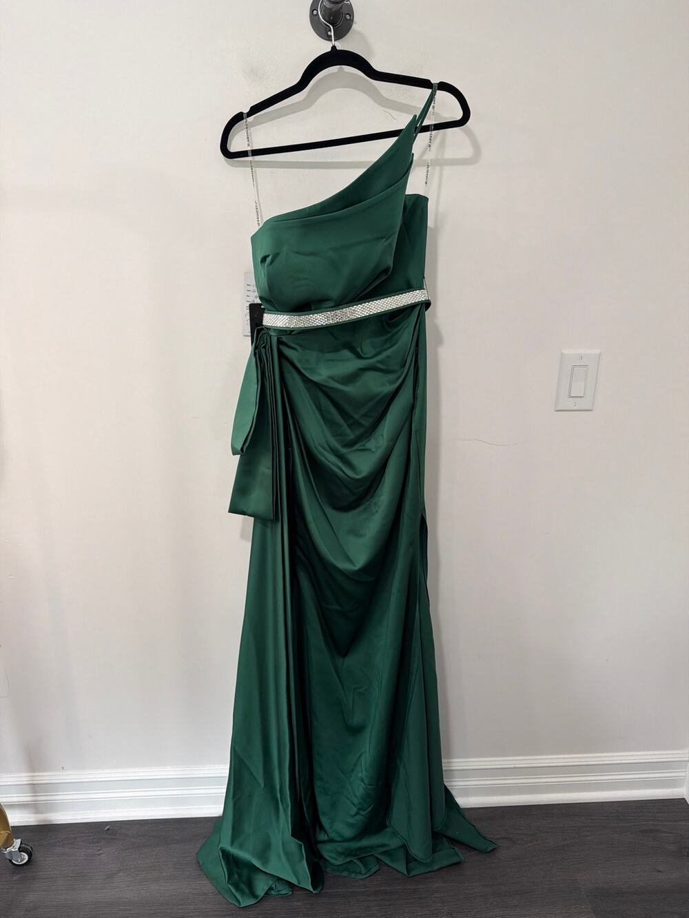 NWT Princess Couture One Shoulder Ball Gown Green Jeweled Belt Size 40 US 8